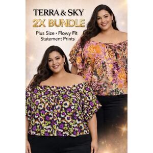 1060 Terra & Sky 2X Bundle Floral Boho + Animal Print Blouse Plus Size Tops